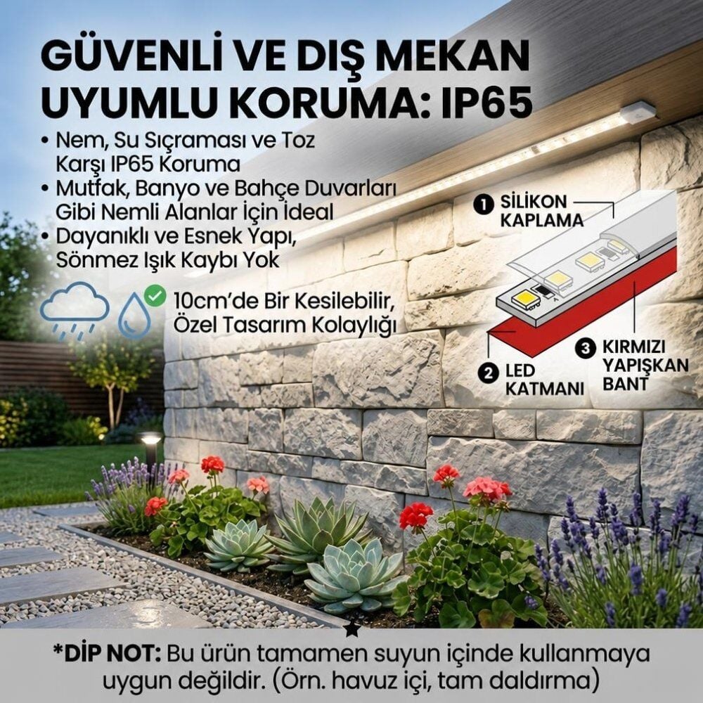 Beyaz Hortum Şerit Led Yapışkanlı 220v Yüksek Lümen Işık Anahtarlı ve Fişli 40 Metre