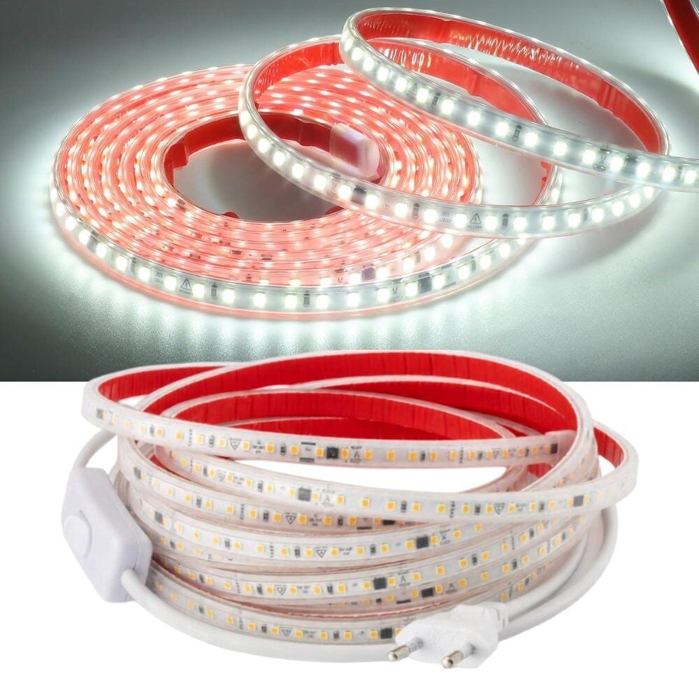 Beyaz Hortum Şerit Led Yapışkanlı 220v Yüksek Lümen Işık Anahtarlı ve Fişli 100 Metre