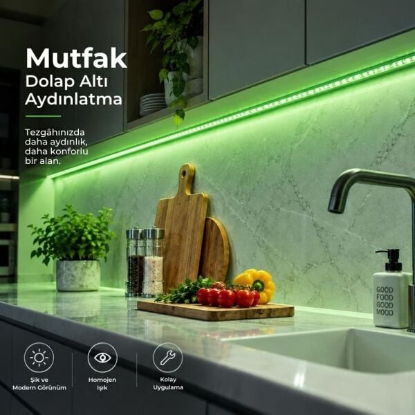 Şerit LED Yeşil 220V Yüksek Parlaklık, 120 LED/m, Tak Çalıştır, Fişli Anahtarlı, Silikonlu İç/Dış Mekan, Yapışkanlı, Mutfak, Tezgah Altı, Mobilya, Asma Tavan, Bahçe, SB-6508