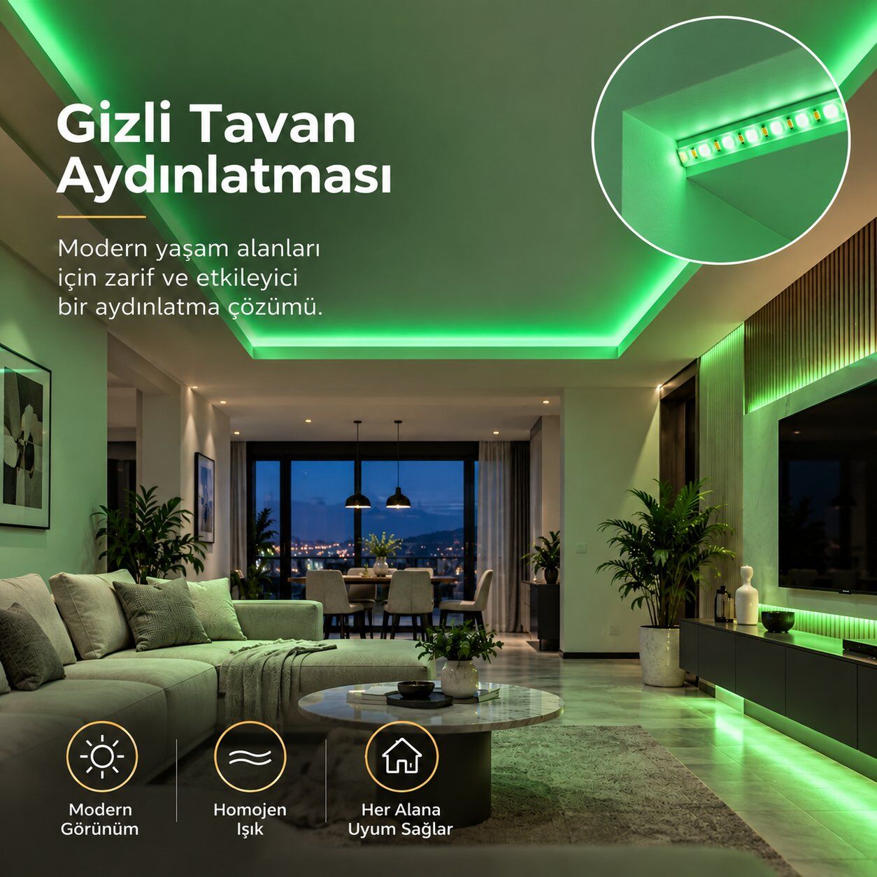 Şerit LED Yeşil 220V Yüksek Parlaklık, 120 LED/m, Tak Çalıştır, Fişli Anahtarlı, Silikonlu İç/Dış Mekan, Yapışkanlı, Mutfak, Tezgah Altı, Mobilya, Asma Tavan, Bahçe, SB-6508