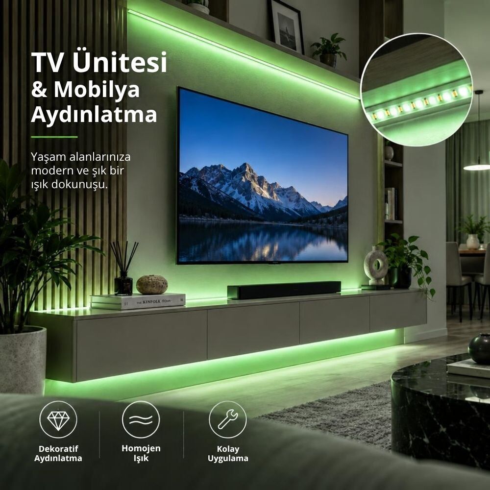 Şerit LED Yeşil 220V Yüksek Parlaklık, 120 LED/m, Tak Çalıştır, Fişli Anahtarlı, Silikonlu İç/Dış Mekan, Yapışkanlı, Mutfak, Tezgah Altı, Mobilya, Asma Tavan, Bahçe, SB-6508