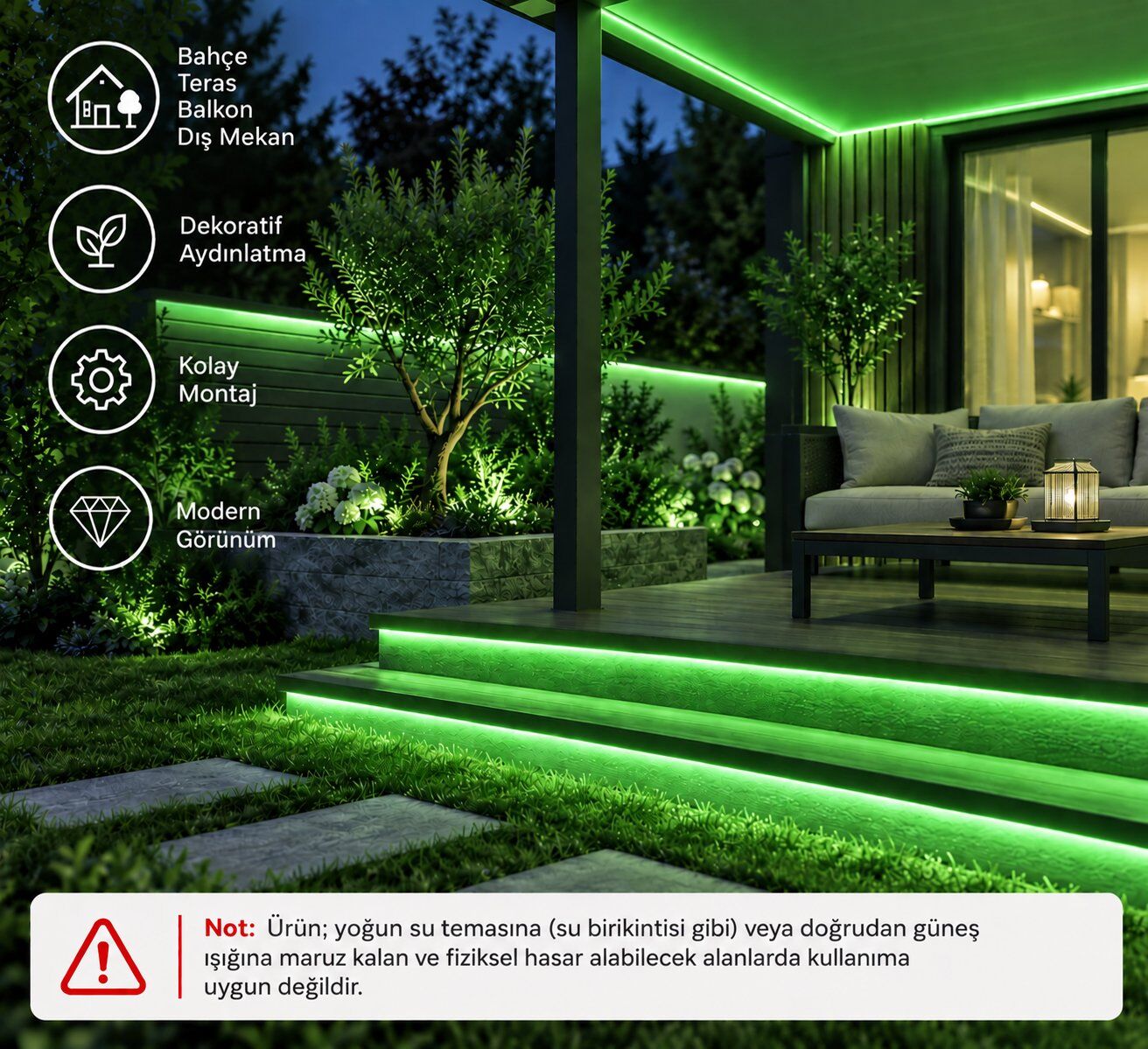 Şerit LED Yeşil 220V Yüksek Parlaklık, 120 LED/m, Tak Çalıştır, Fişli Anahtarlı, Silikonlu İç/Dış Mekan, Yapışkanlı, Mutfak, Tezgah Altı, Mobilya, Asma Tavan, Bahçe, SB-6508